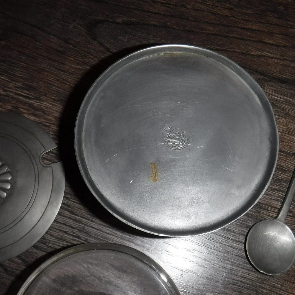 Vintage Pewter Sugar Bowl with Spoon Ornate‎ Lattice Lid